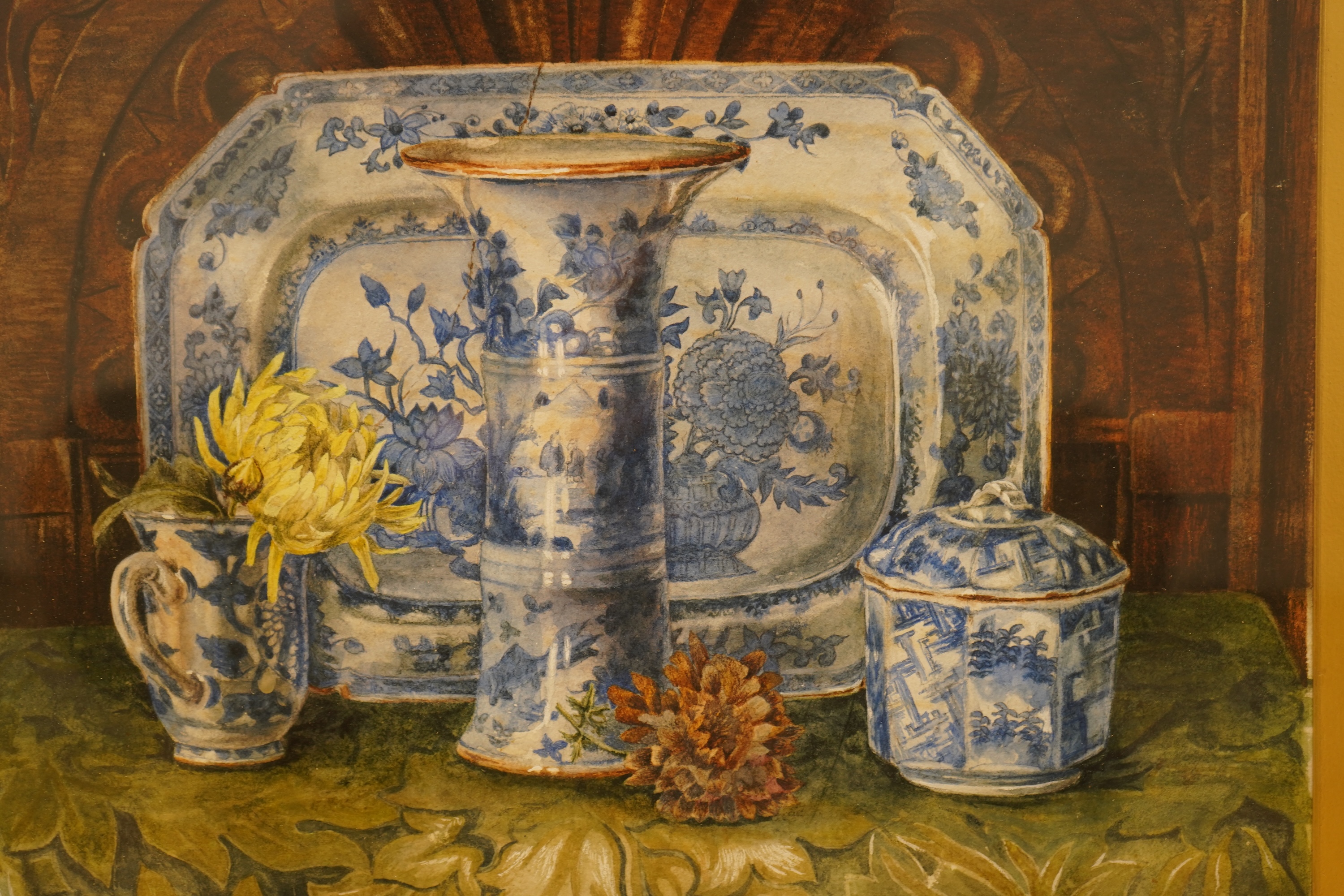 E S H monogrammist, Still life of flowers and blue and white porcelain, monogrammed and dated '80, 30 x 34cm, ornate gilt frame